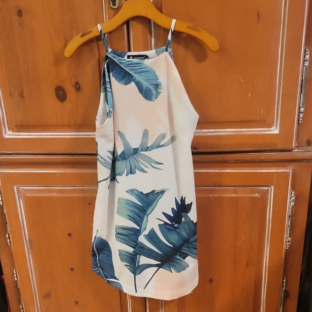 Tropical Leaf Print Halter Dress